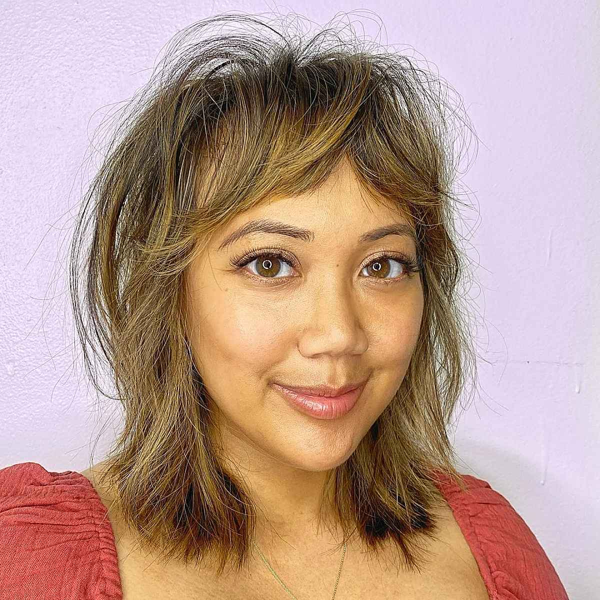 Shoulder-Length Layered Shag with Bangs for Thin Hair