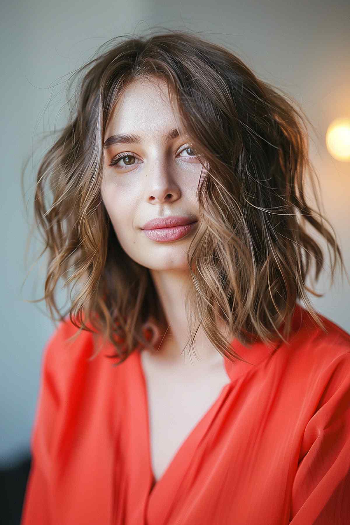 Shoulder-length messy bob featuring a long inverted bob hairstyle with textured waves