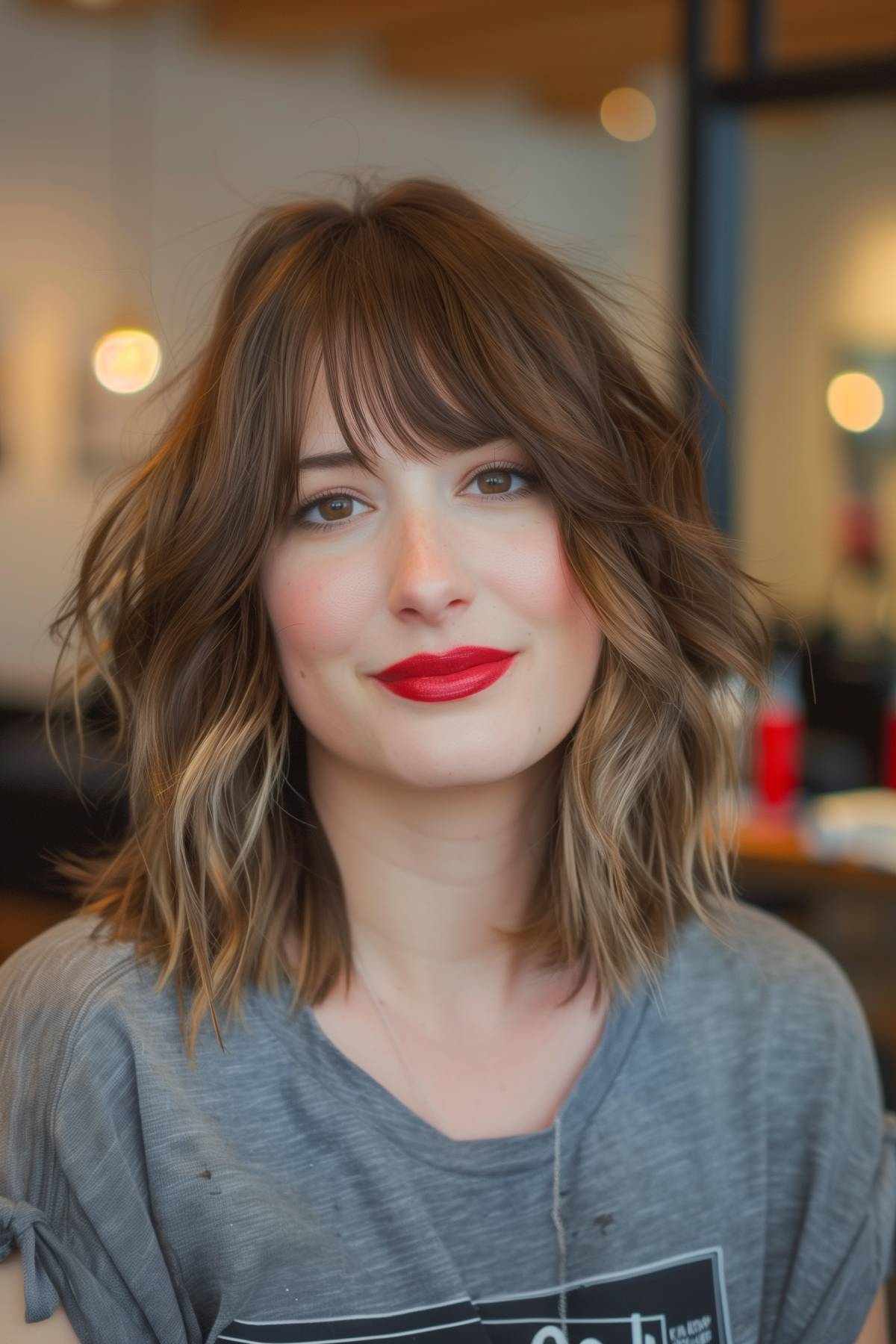 Shoulder-length shaggy bob for oval faces with fine hair