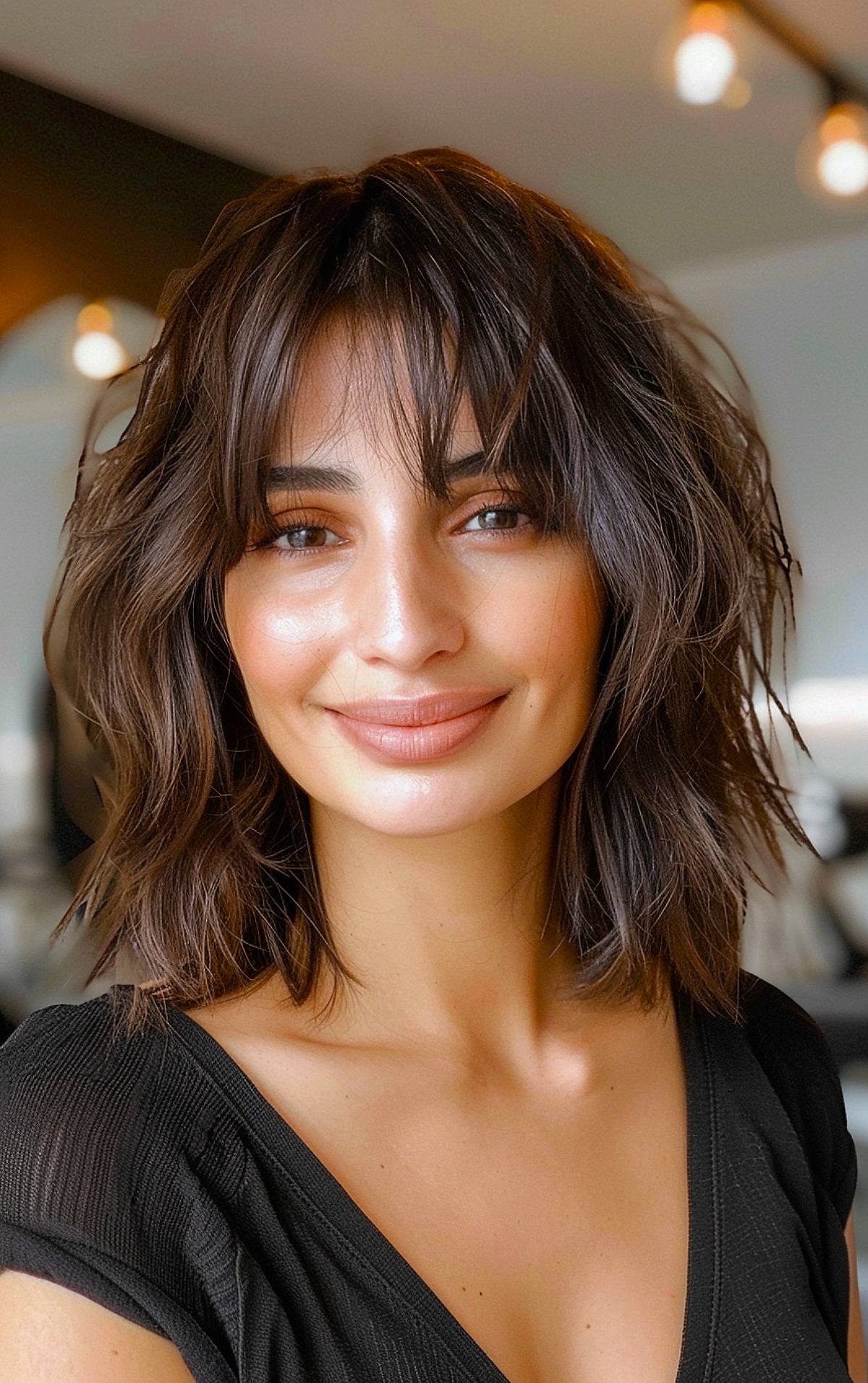 Shoulder-length shaggy bob with medium layers and wispy bangs