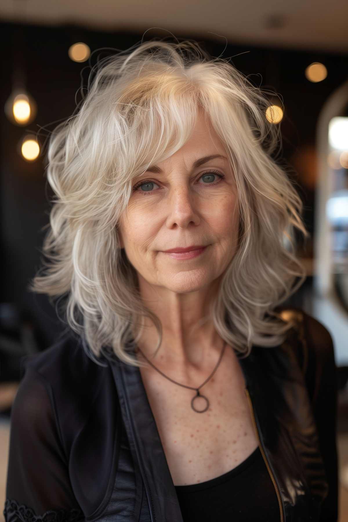 Woman with a shoulder-length shaggy layered bob and soft fringe, ideal for adding volume to fine hair