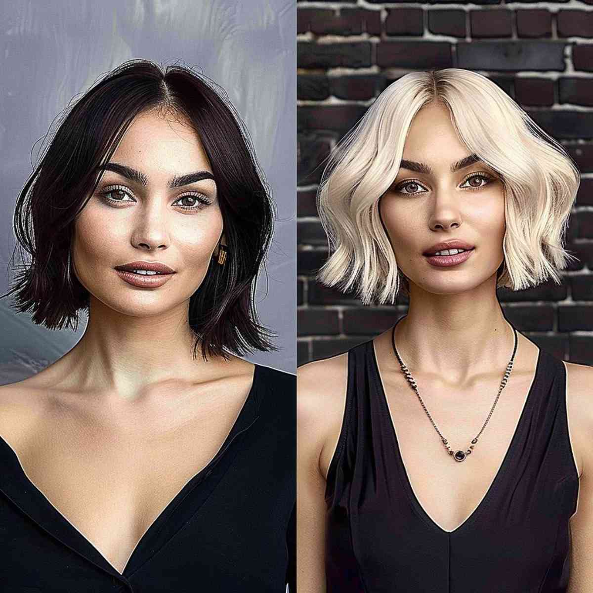 Blunt shoulder-length bob with middle part in cool blonde, ideal for adding volume to fine hair and suiting oval faces.