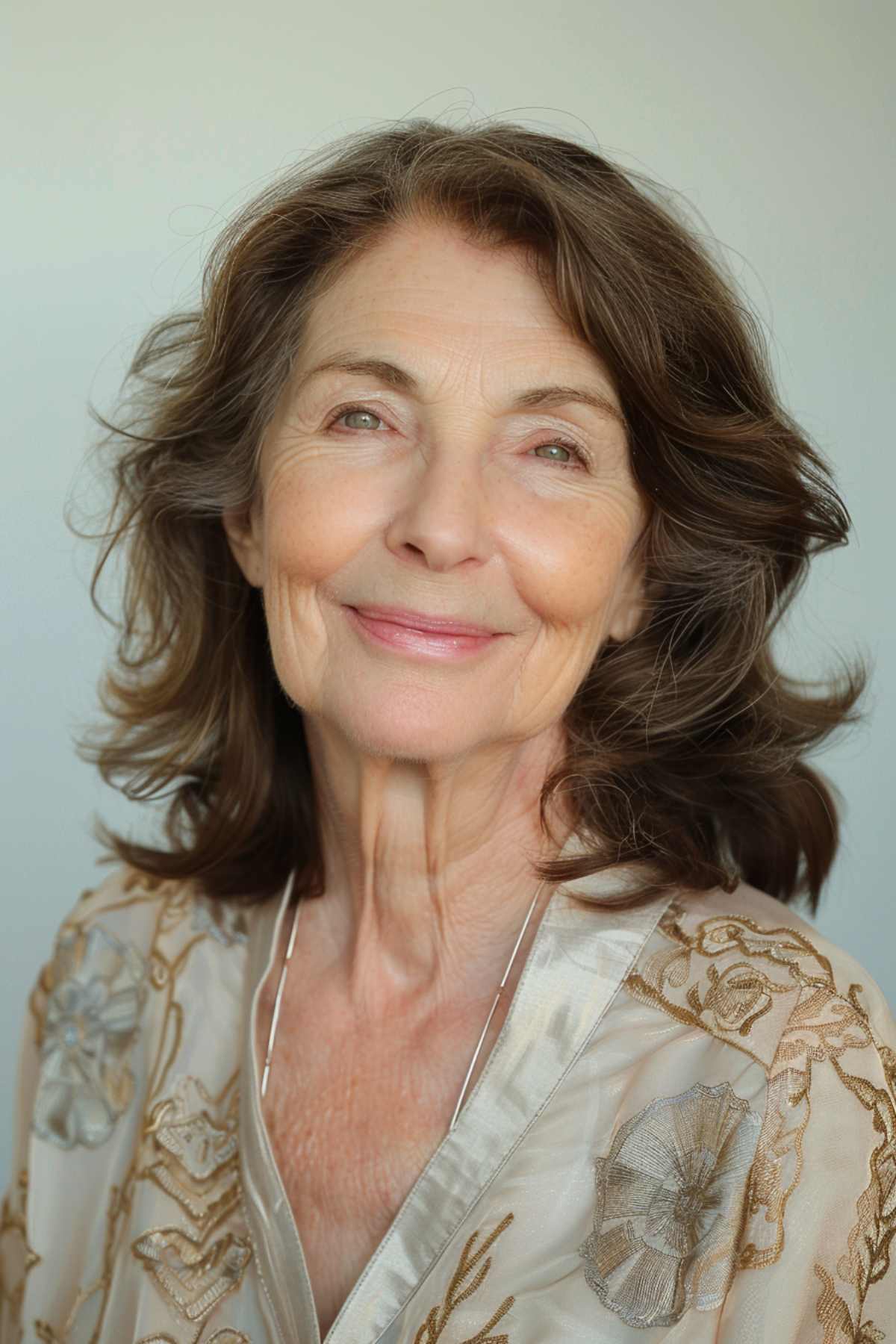 Shoulder-length tousled grey waves on a woman