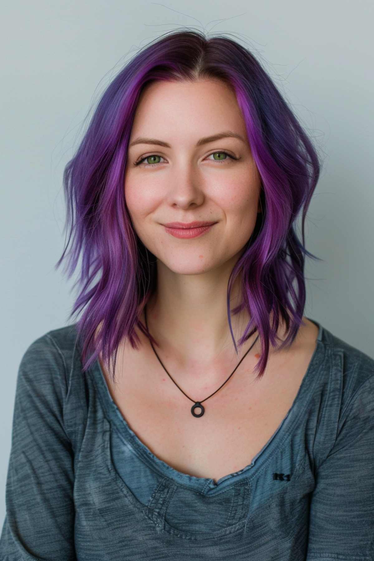 Shoulder length waves with purple hair color