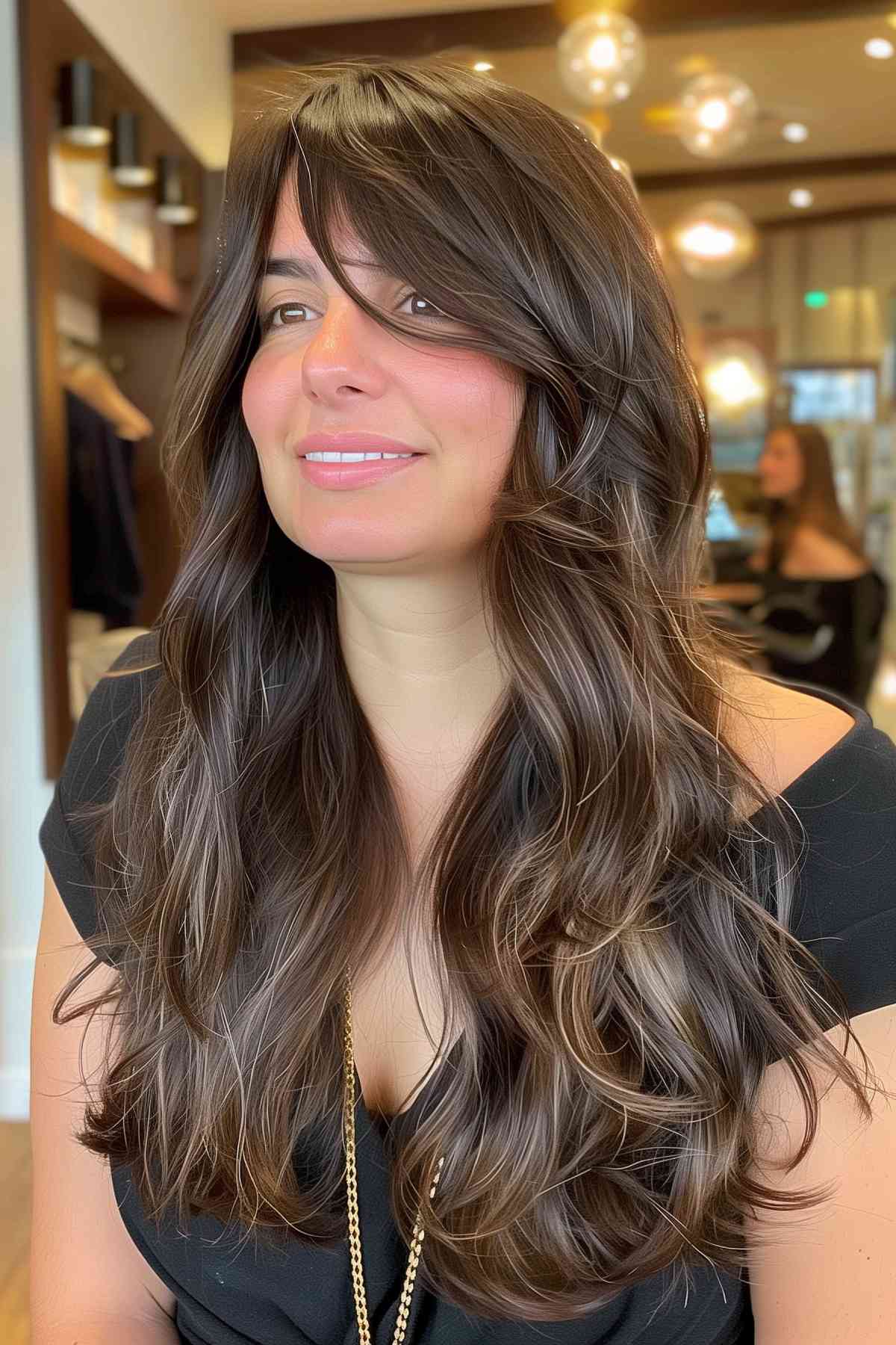 Woman with side bangs and long voluminous layered hair