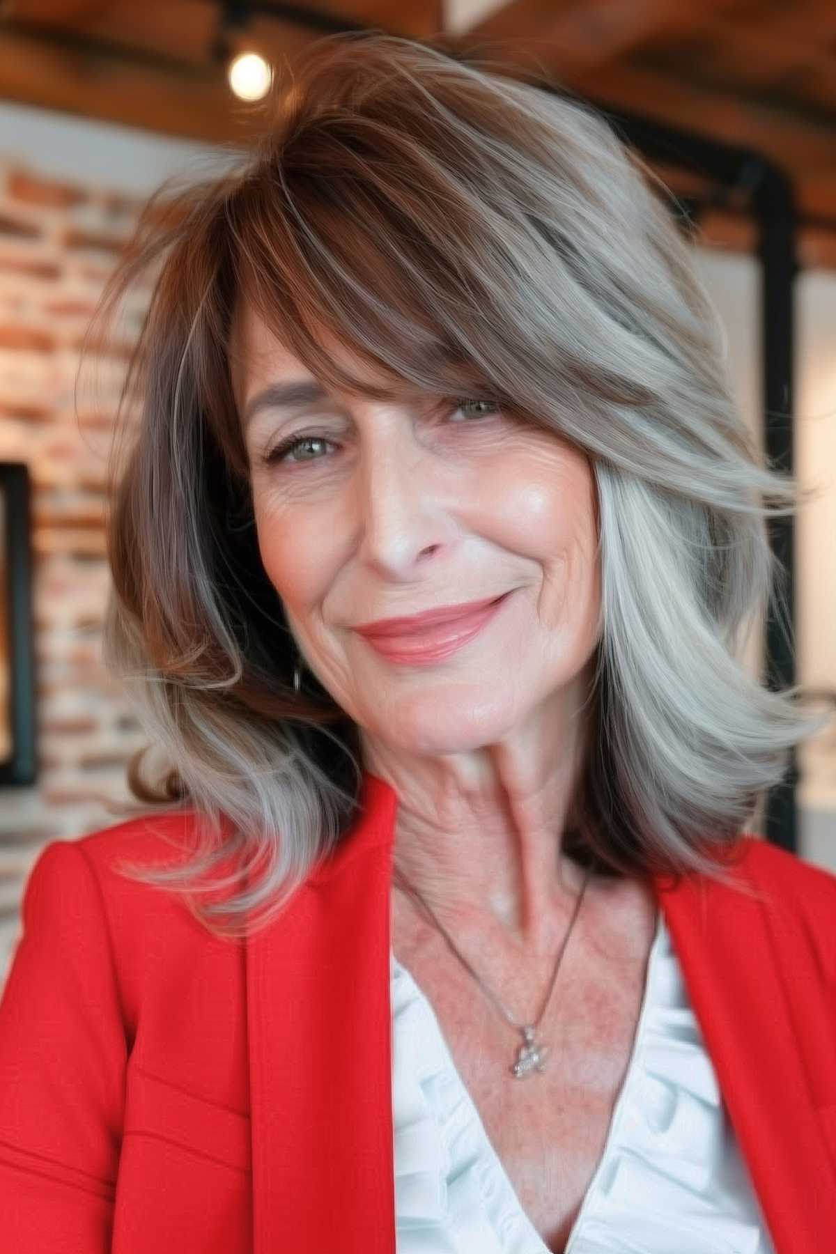 Mature woman with side-swept bangs and layered mid-length hairstyle, wearing a bright red blazer.