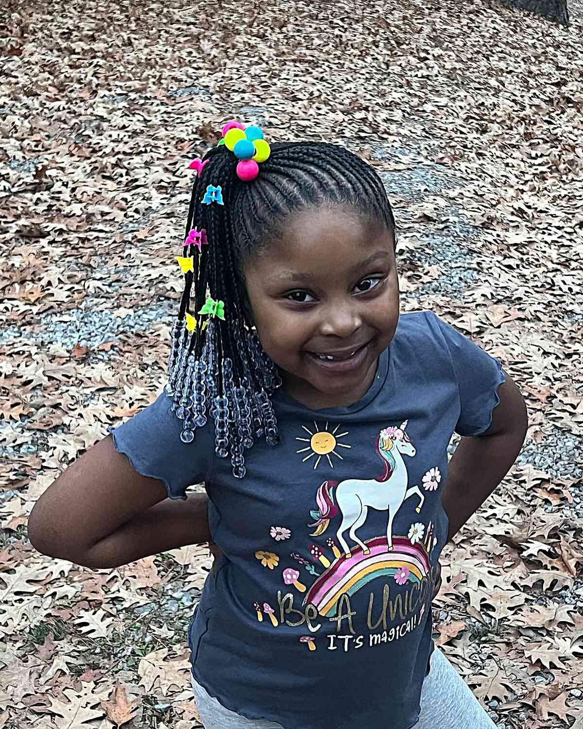 Side Braided High Ponytail with Beads and Colorful Clips for Black Kids' Long Hair