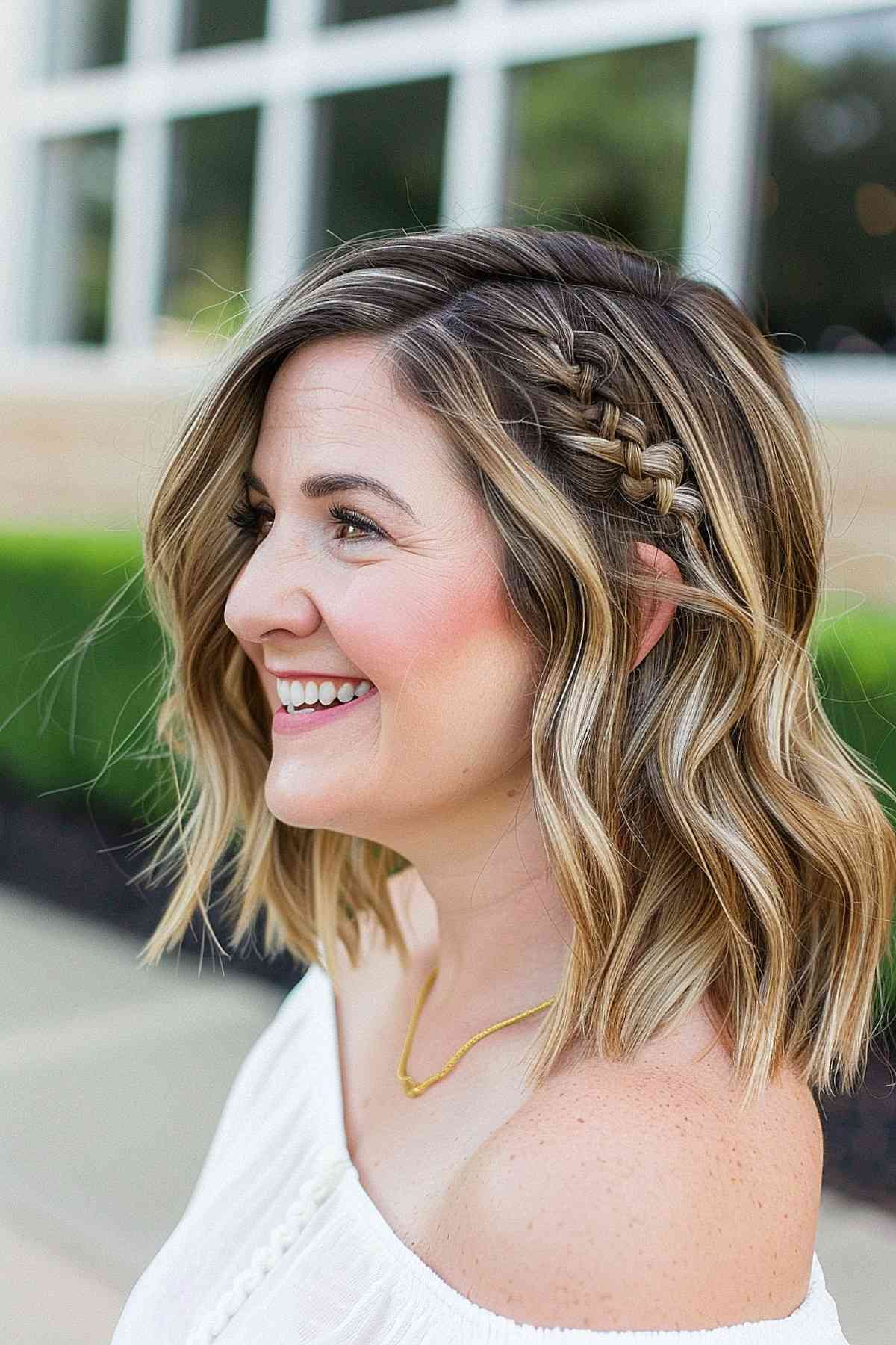 Woman with side braided shoulder-length waves, chic summer hairstyle