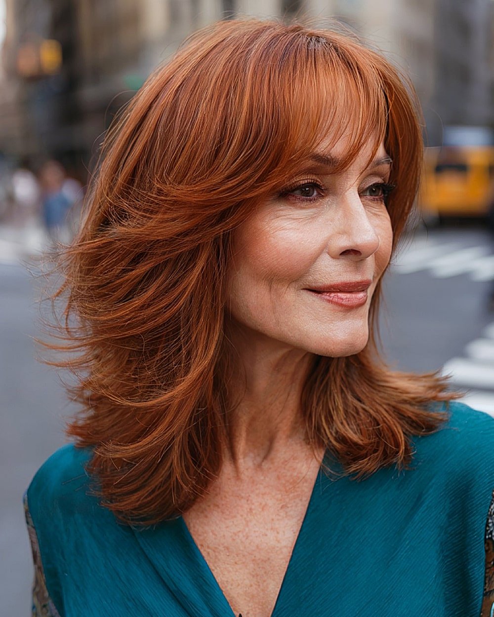 Layered auburn hairstyle with side bangs for older women with medium-length hair