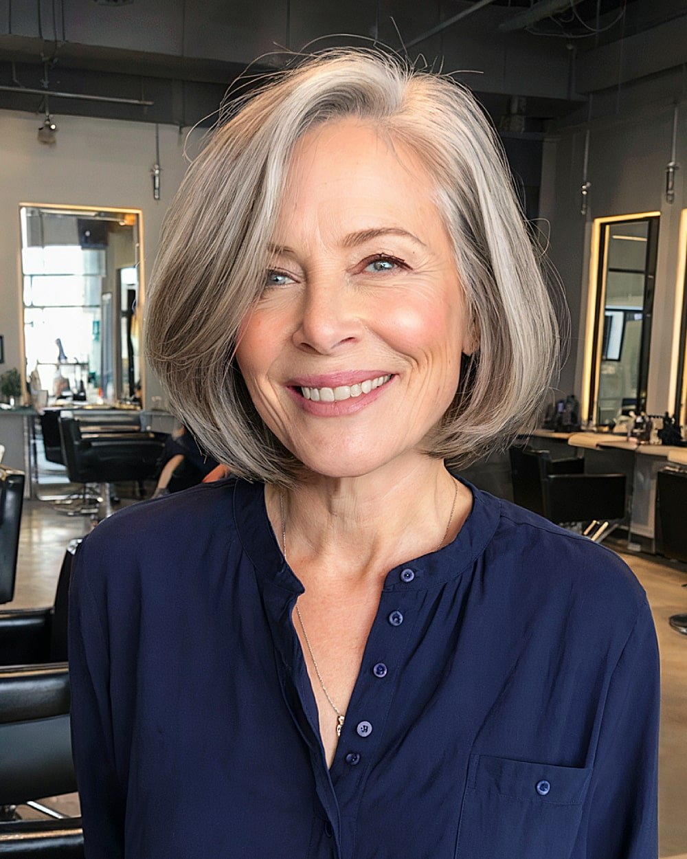Side part bob hairstyle for women over 60 with silver gray hair and soft rounded layers