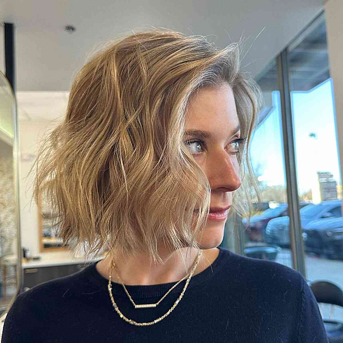 Side Part Bob with Tousled Loose Waves on Women's Fine Hair Type