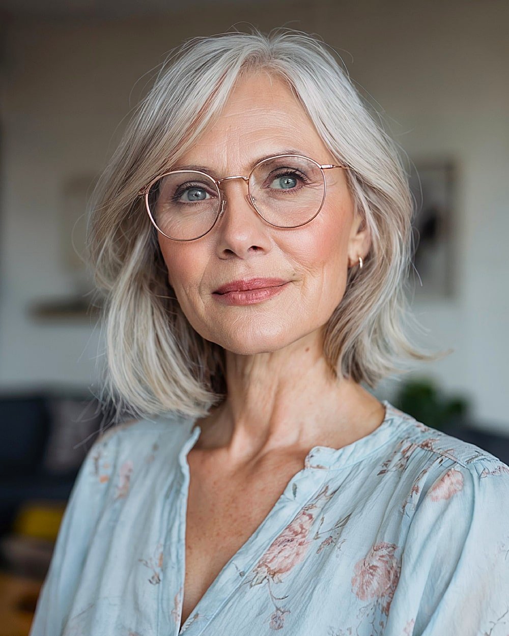 Short silver hairstyle with side part and subtle waves for fine hair women over 60