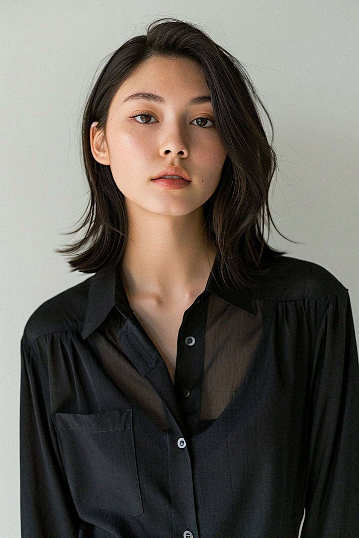 Shoulder-length hairstyle with a deep side part and flipped ends