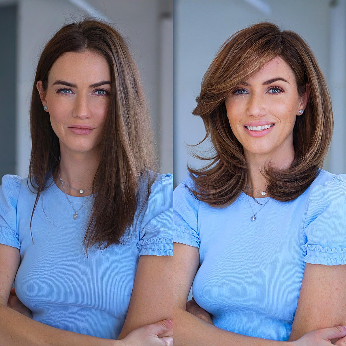 Medium-length hairstyle with soft layers and a deep side part for volume