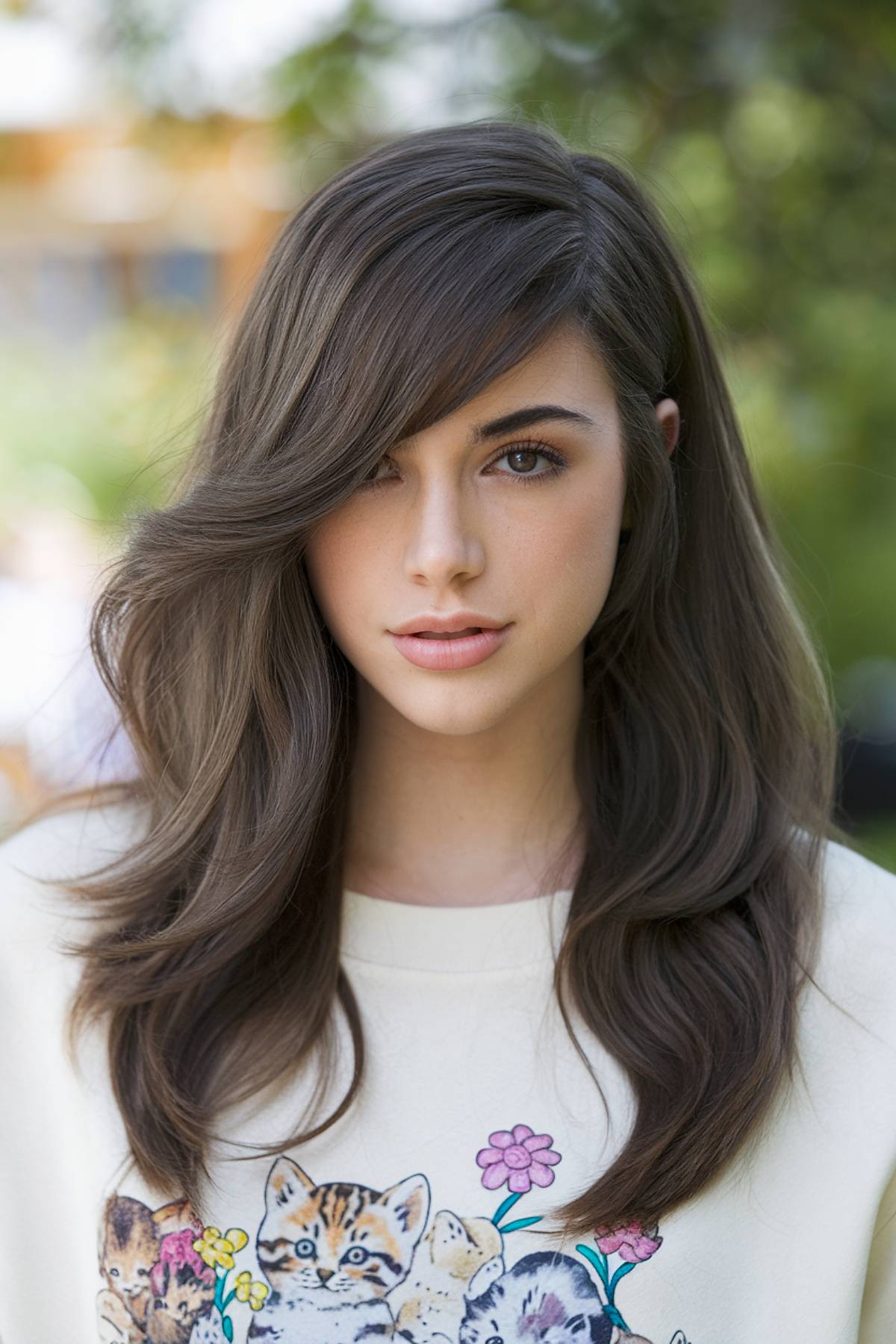 Side-parted hairstyle with soft, swept-over bangs for a face-framing effect