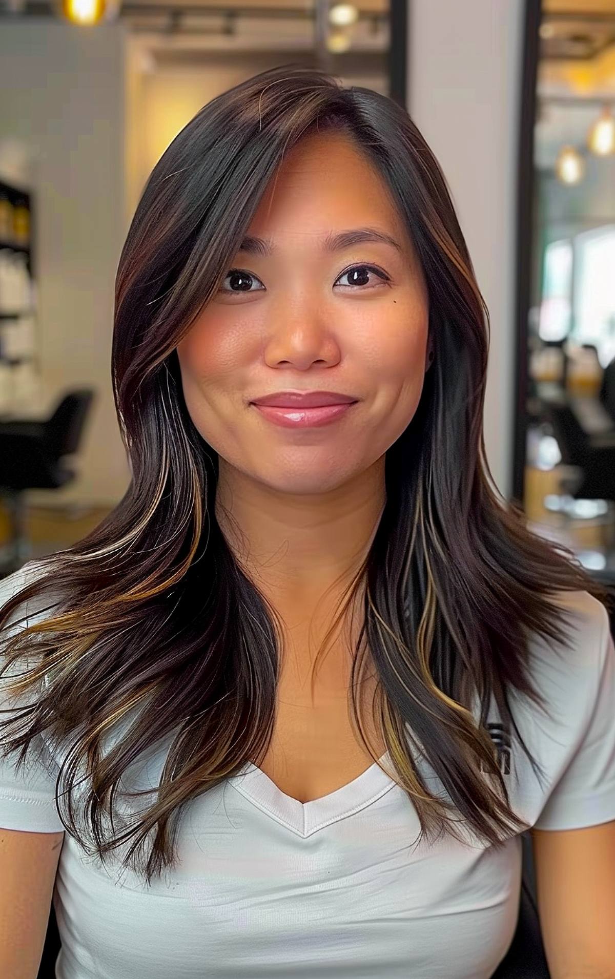 Side part layered hair with caramel highlights for Asian women