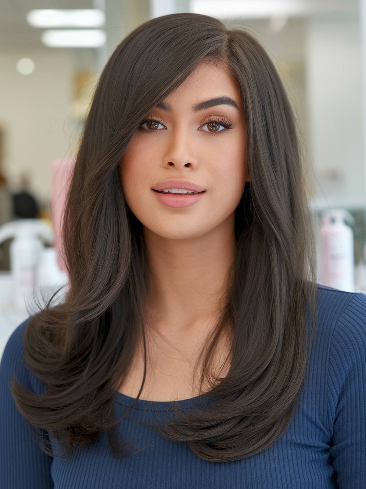 Sleek long layered haircut with side-parted long bangs for a smooth, polished finish