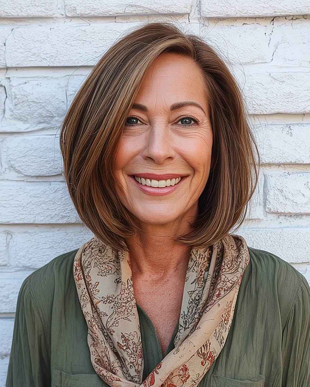 Long bob with soft layers and side part on brunette hair for women over 60