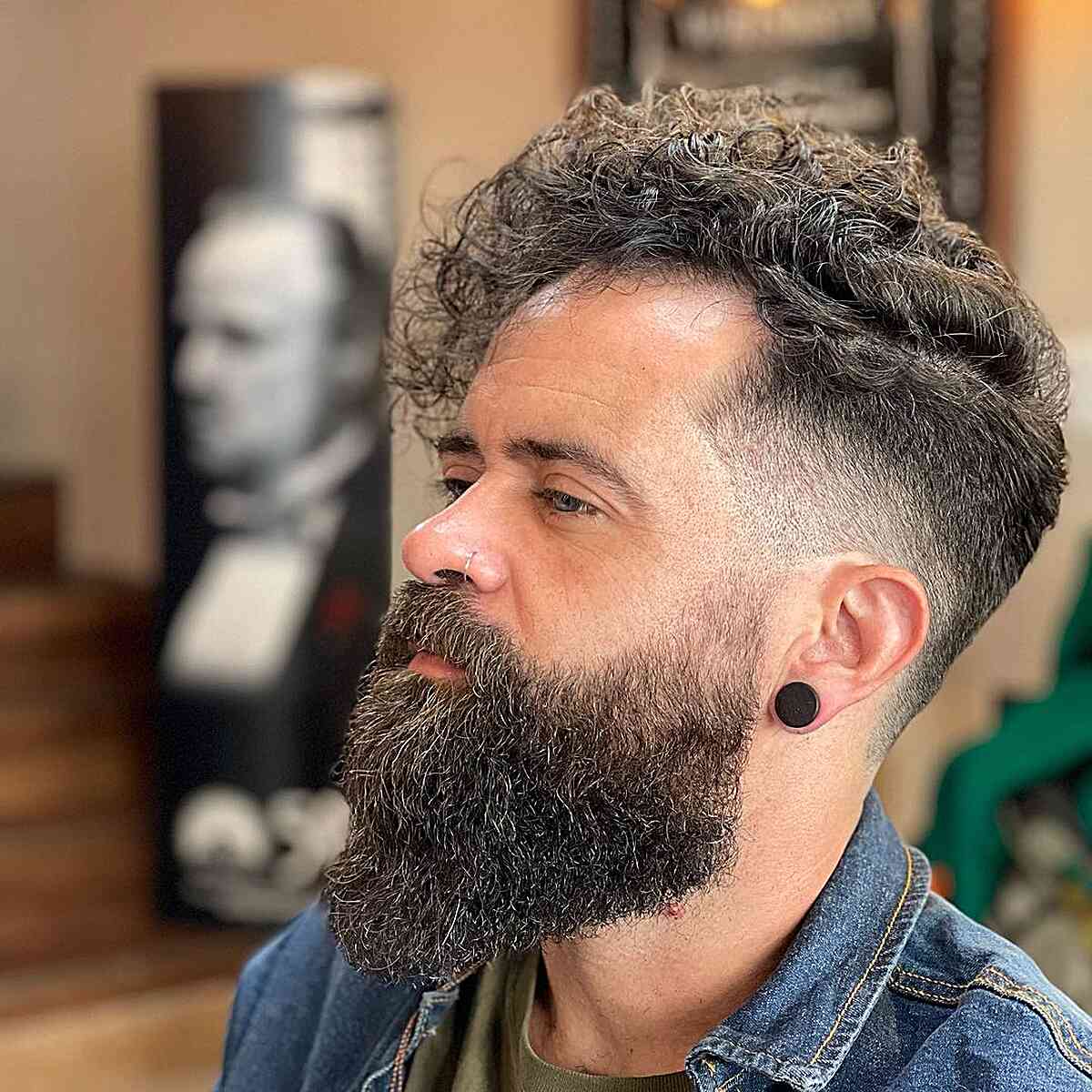 Side Part + Low  Fade with a Long Curly Top for Men with Thick Hair