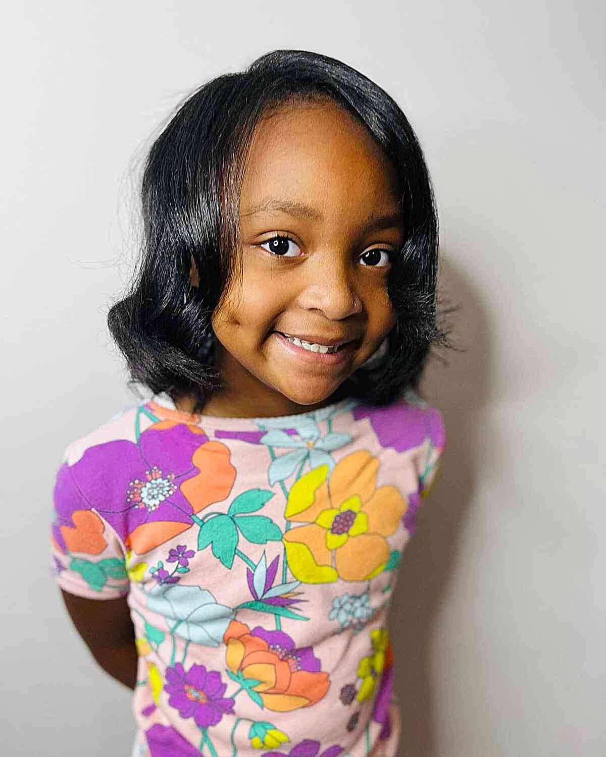 Side-Parted Short Bob with Soft Waves for Cute Little Black Kids