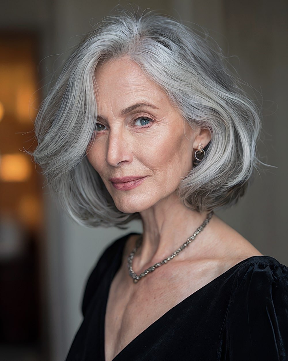 Silver wavy bob with side part and voluminous layers for women over 60