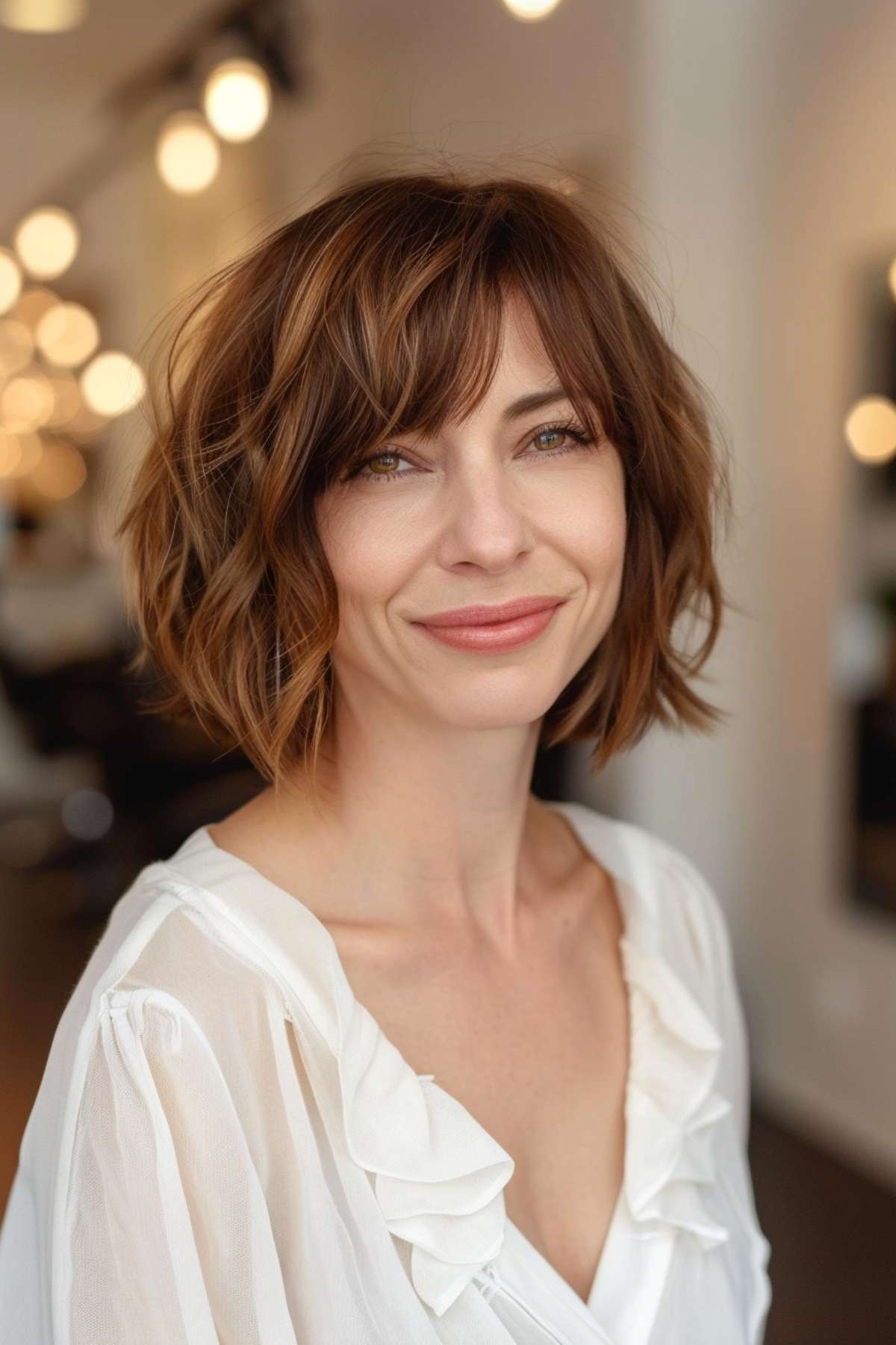 Brown side part textured bob with bangs