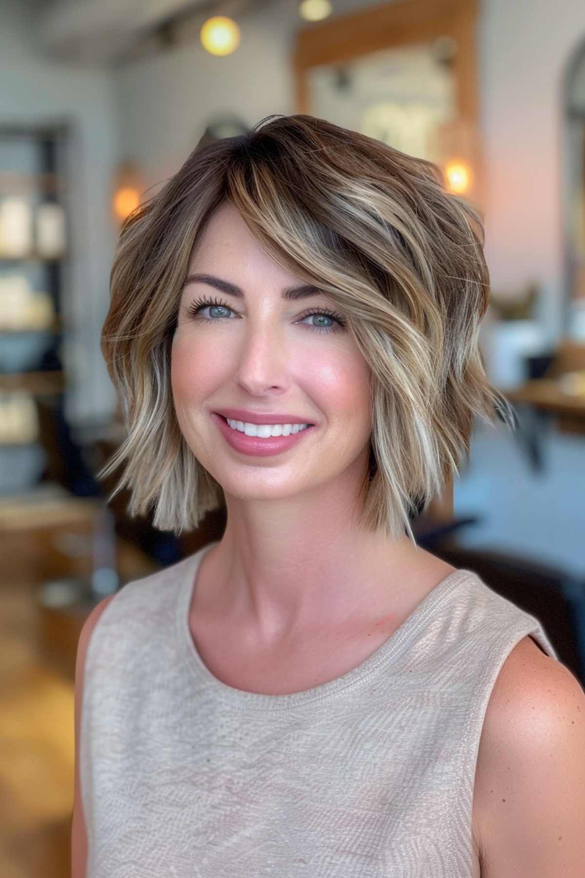 side part textured short bob with soft bangs