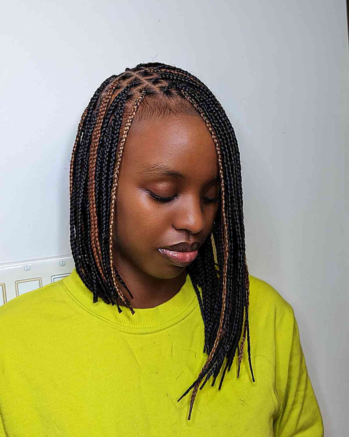 Side-Parted Asymmetrical Long Bob with Small Knotless Braids and Colored Plaits