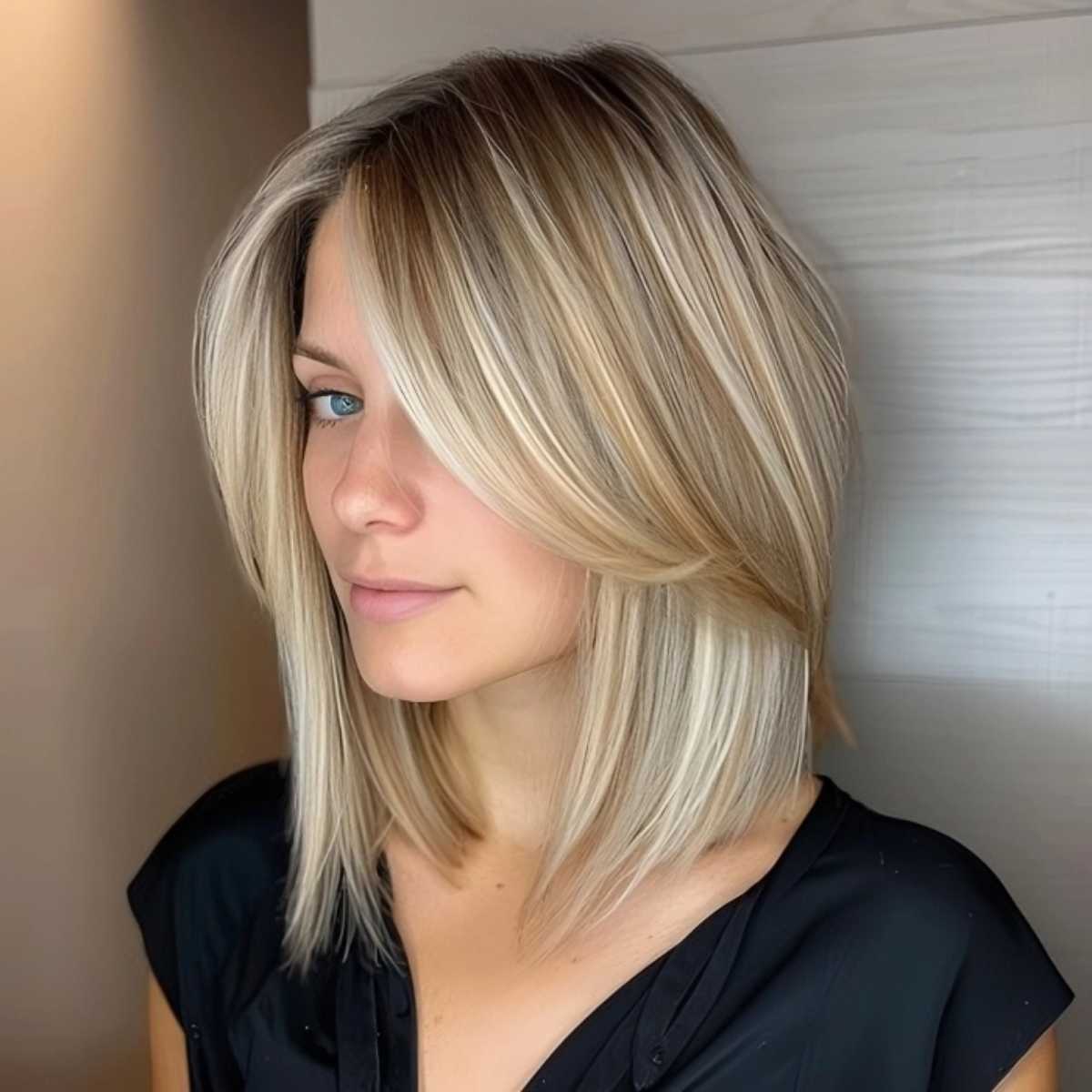 Side Parted Inverted Lob with Fringe for Straight Hair