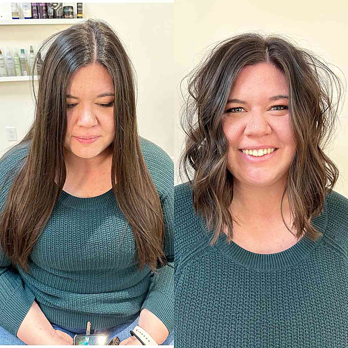 Side parted long bob on a woman with a round faces