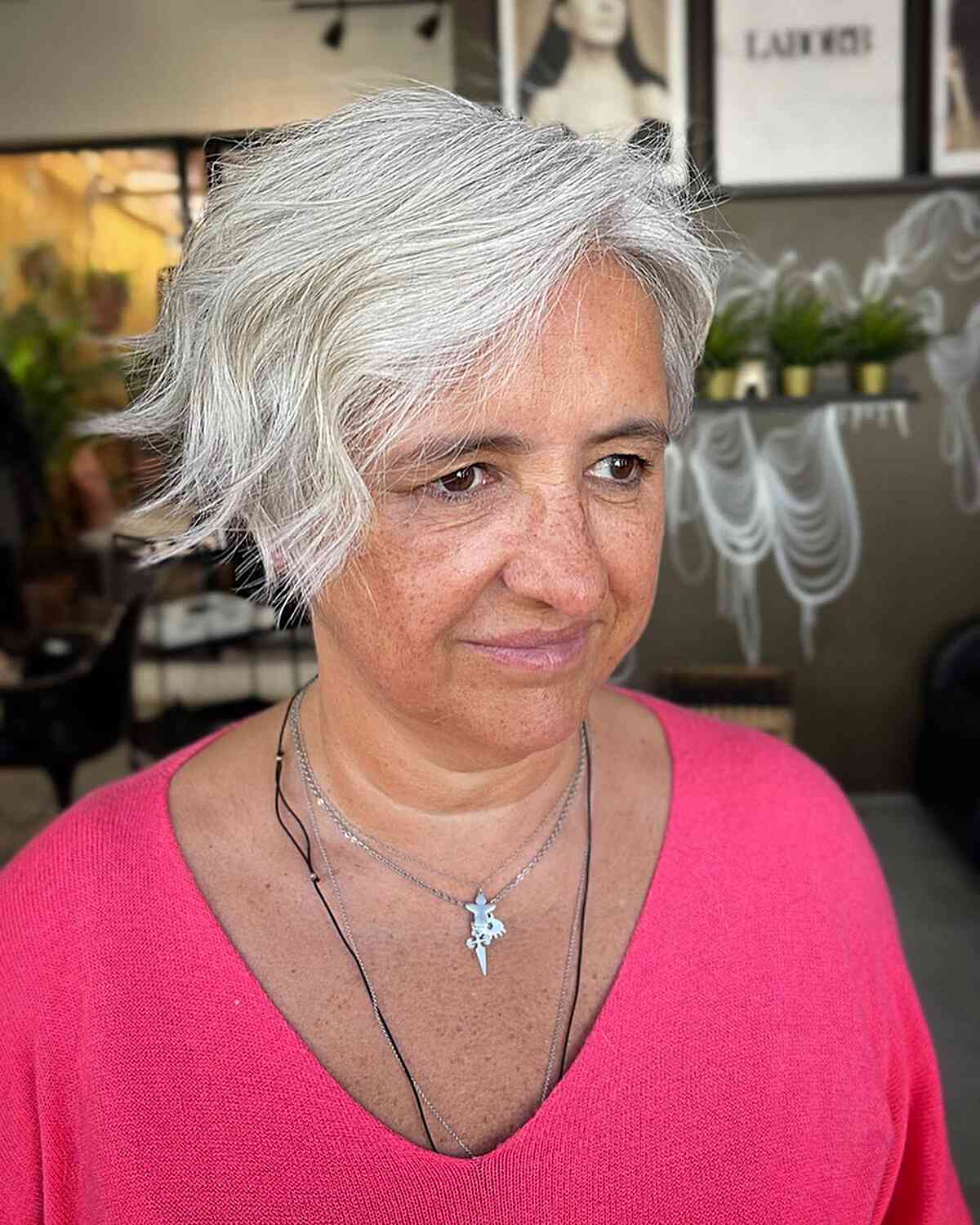 Side-Parted Long Pixie with Waves for Seniors Over 60 and Round Face Shapes