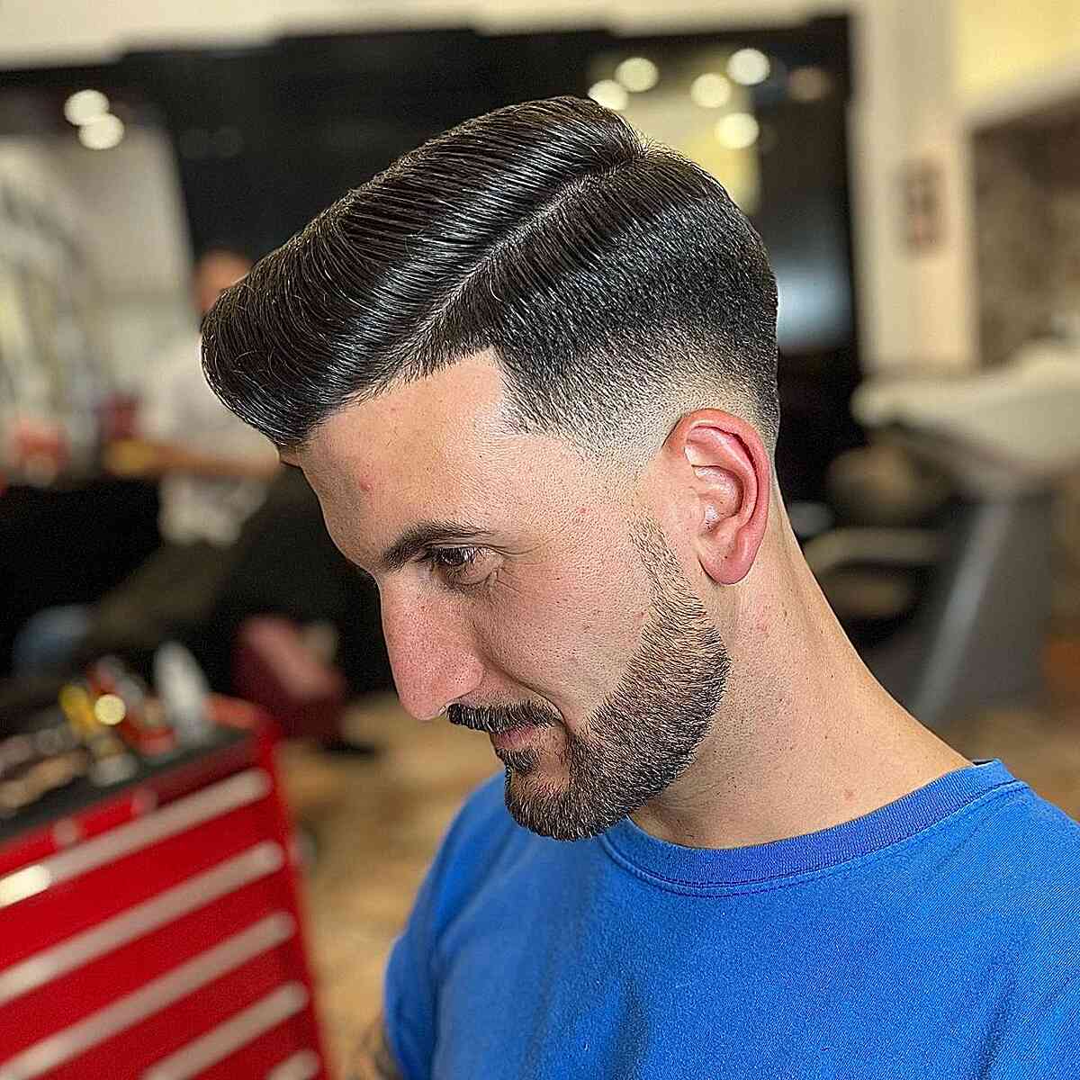 Side-Parted Pompadour with a Mid Fade for Thick-Haired Men