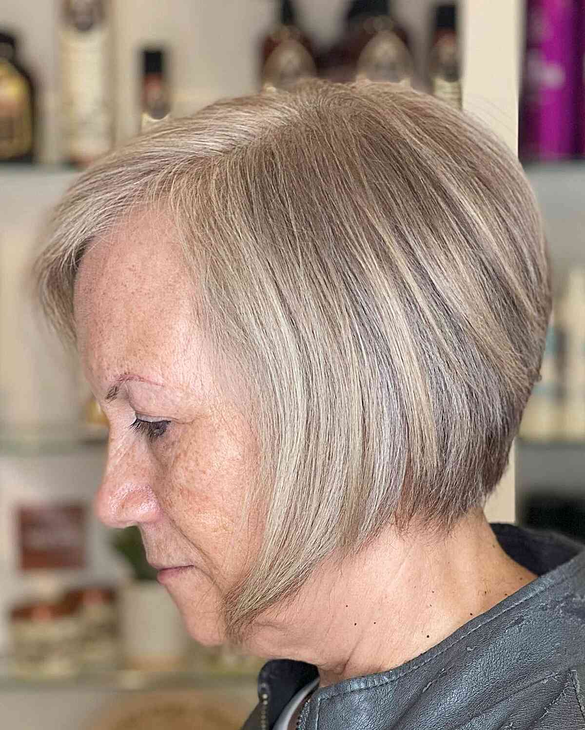Side-Parted Short Stacked Wedge Bob for Older Women with Fine Hair