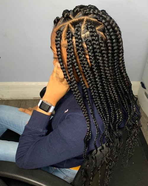 Side Parted Triangle Box Braids with Crimped Ends