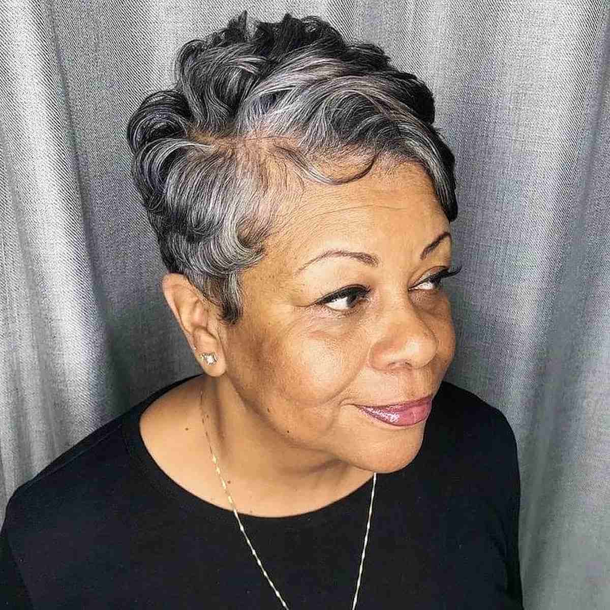 Side-Parted Wavy Pixie Haircut for Older Black Women