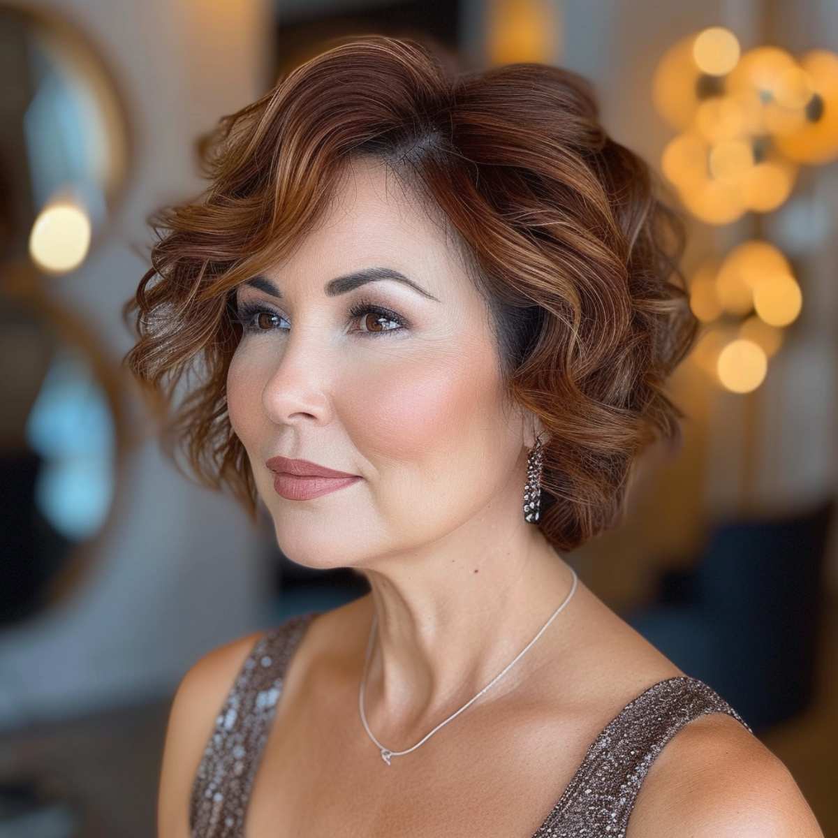 Mature side parted wavy short hairstyle