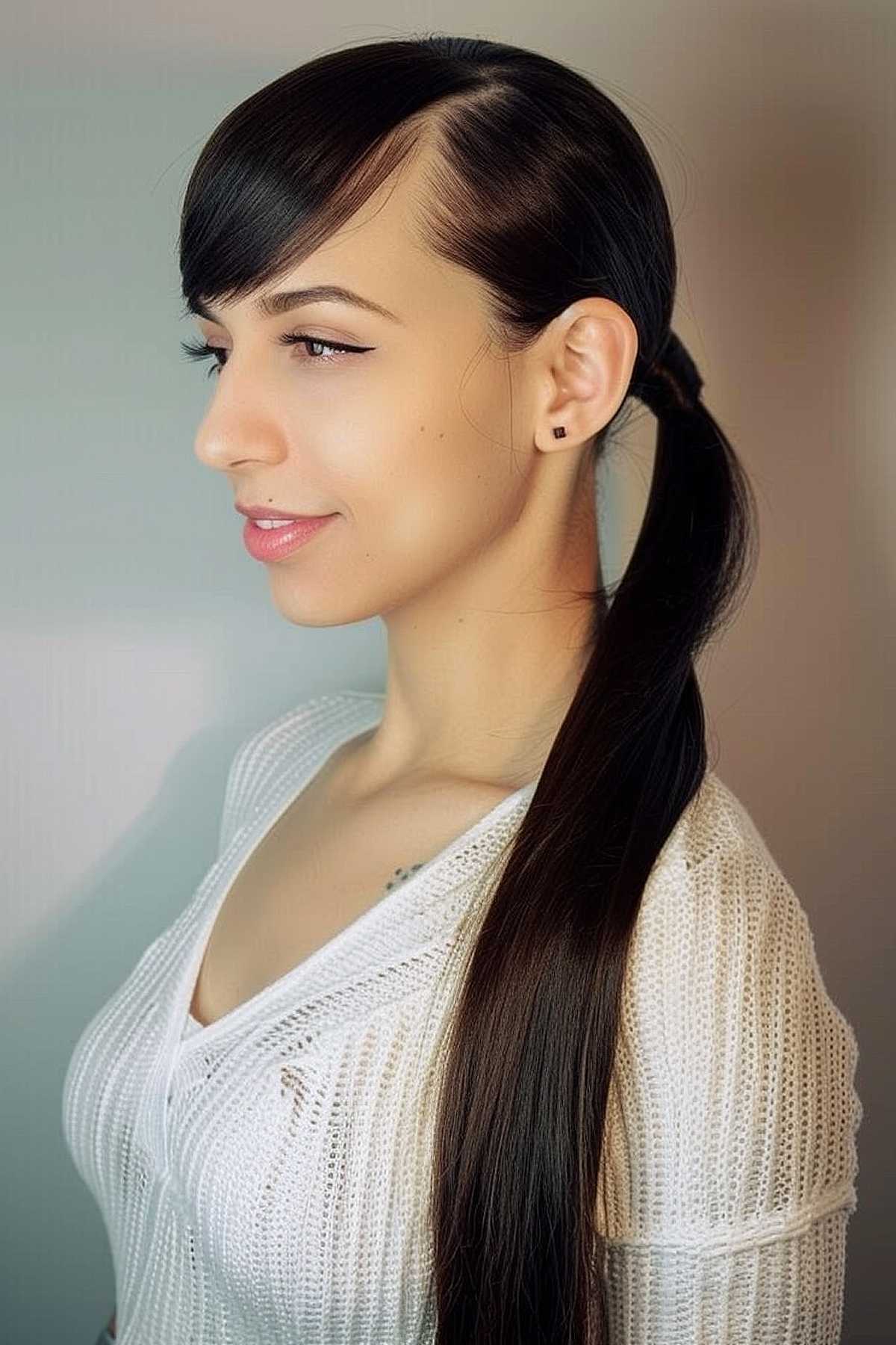 Sleek side ponytail with smooth swoop bangs for straight hair