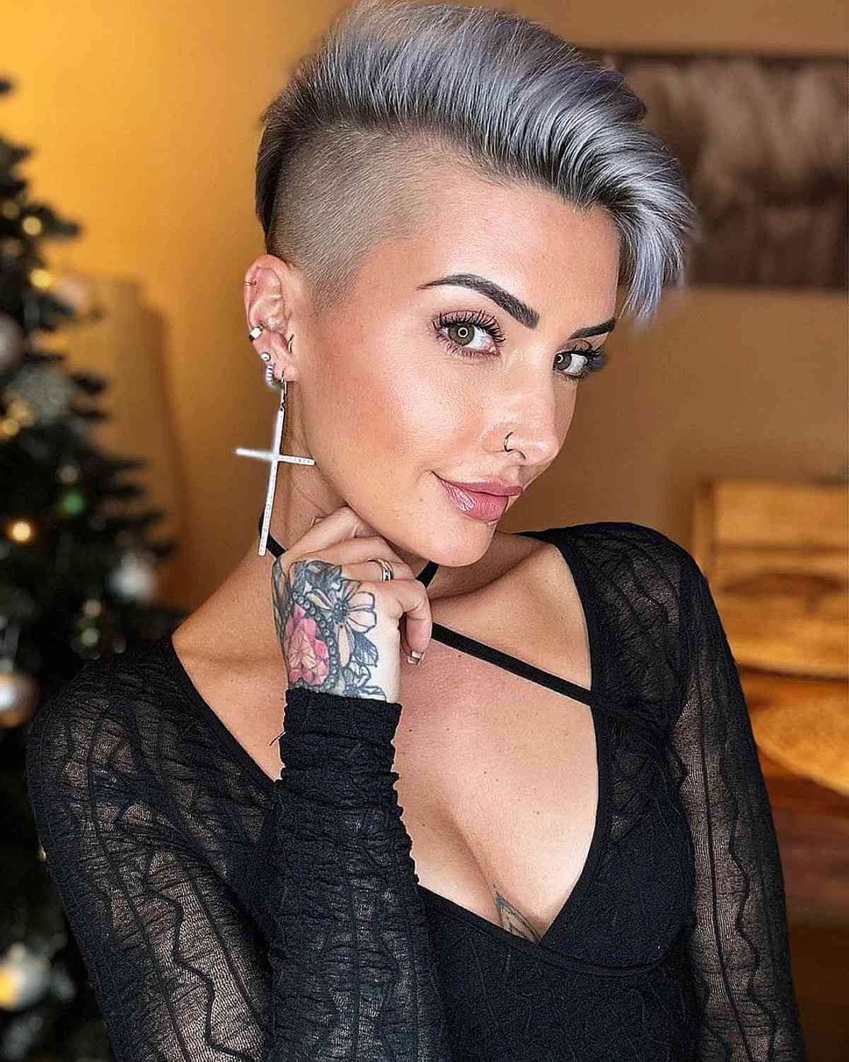 Side-Shaved Silver Undercut Pixie for Fine Hair