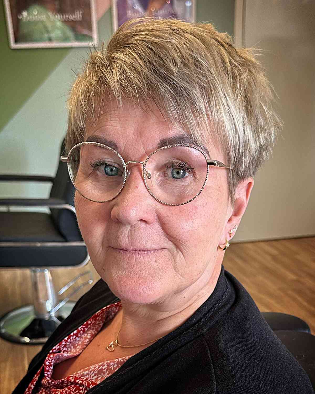 Side-Swept Choppy Pixie with Micro Bangs for 60-year-olds Wearing Glasses
