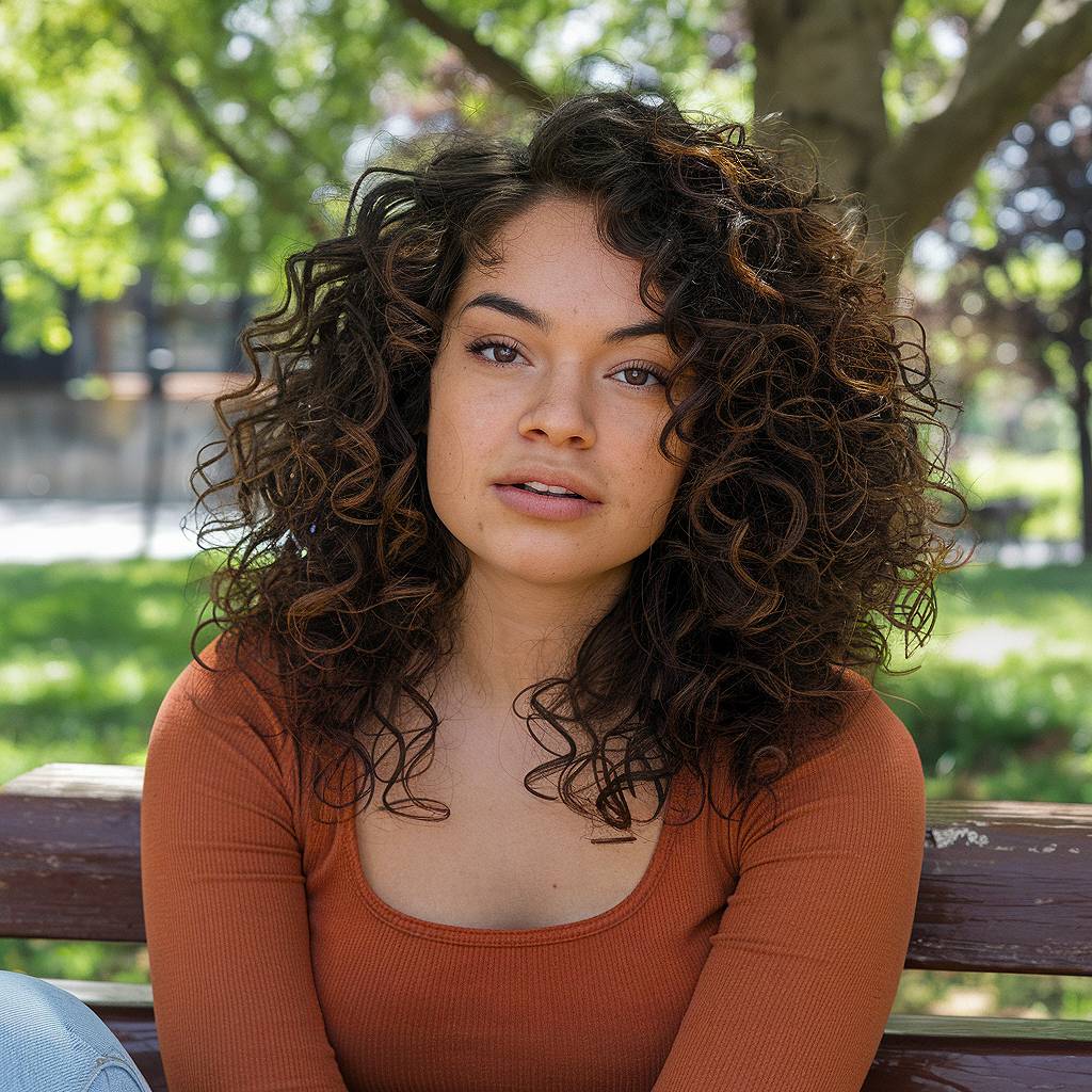 Side-swept curly hairstyle with layered volume and subtle copper highlights for added depth