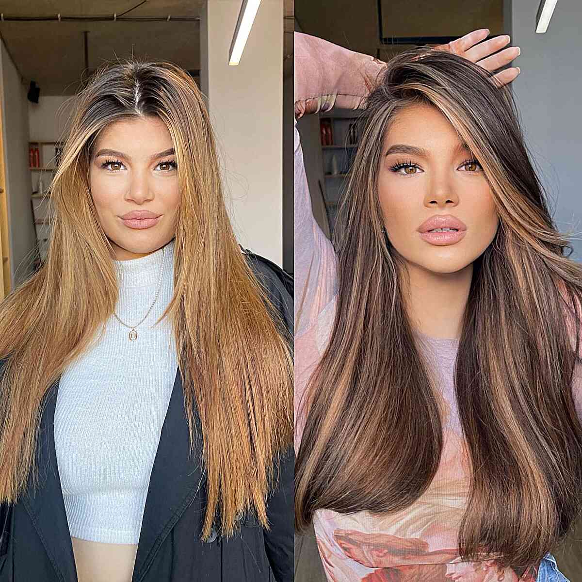Side-Swept Gorgeous Brown Long Hair with Highlights