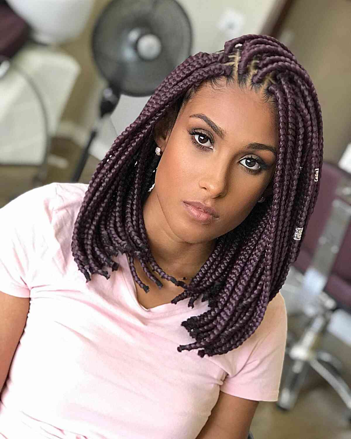 Side-Swept Purple Box Braids for Black Ladies with collarbone-length hair