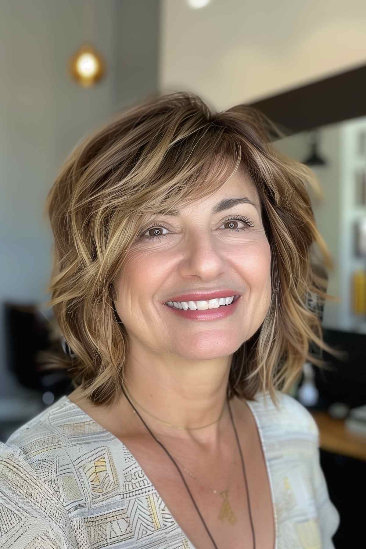 Side-swept shaggy bob for women over 40 with fine hair