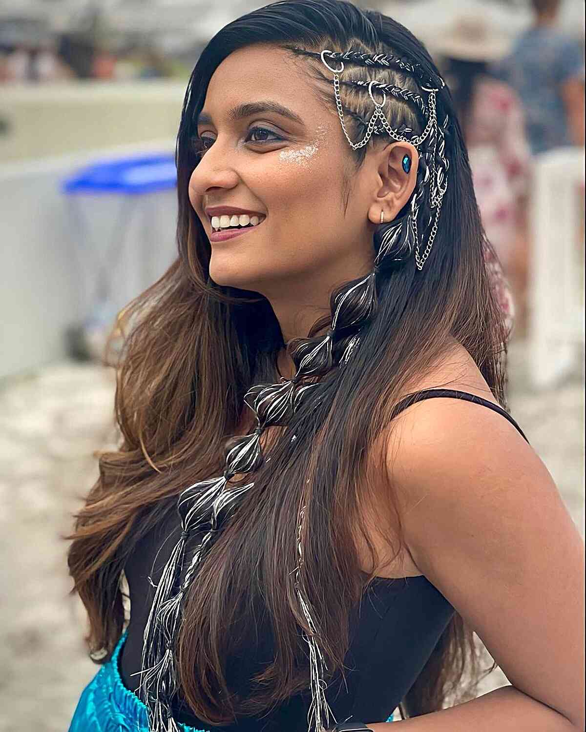 Long Side-Swept Style with Boho Braids and Chains for Raves