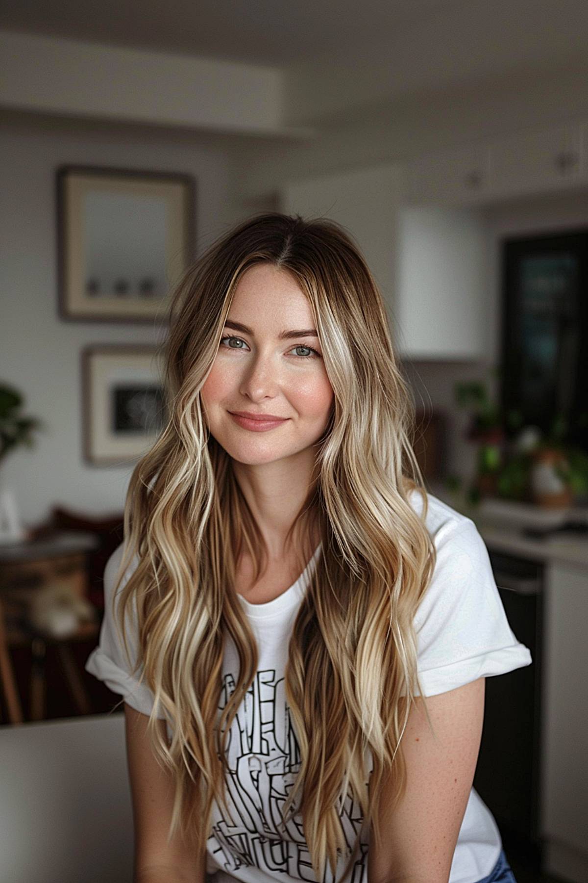 Blonde balayage waves with face-framing long layers