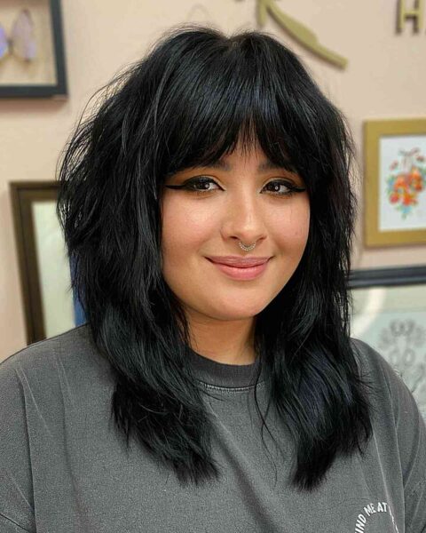 A Silky Straight Hair with Fringe for Round Faces and for women with medium-length hair