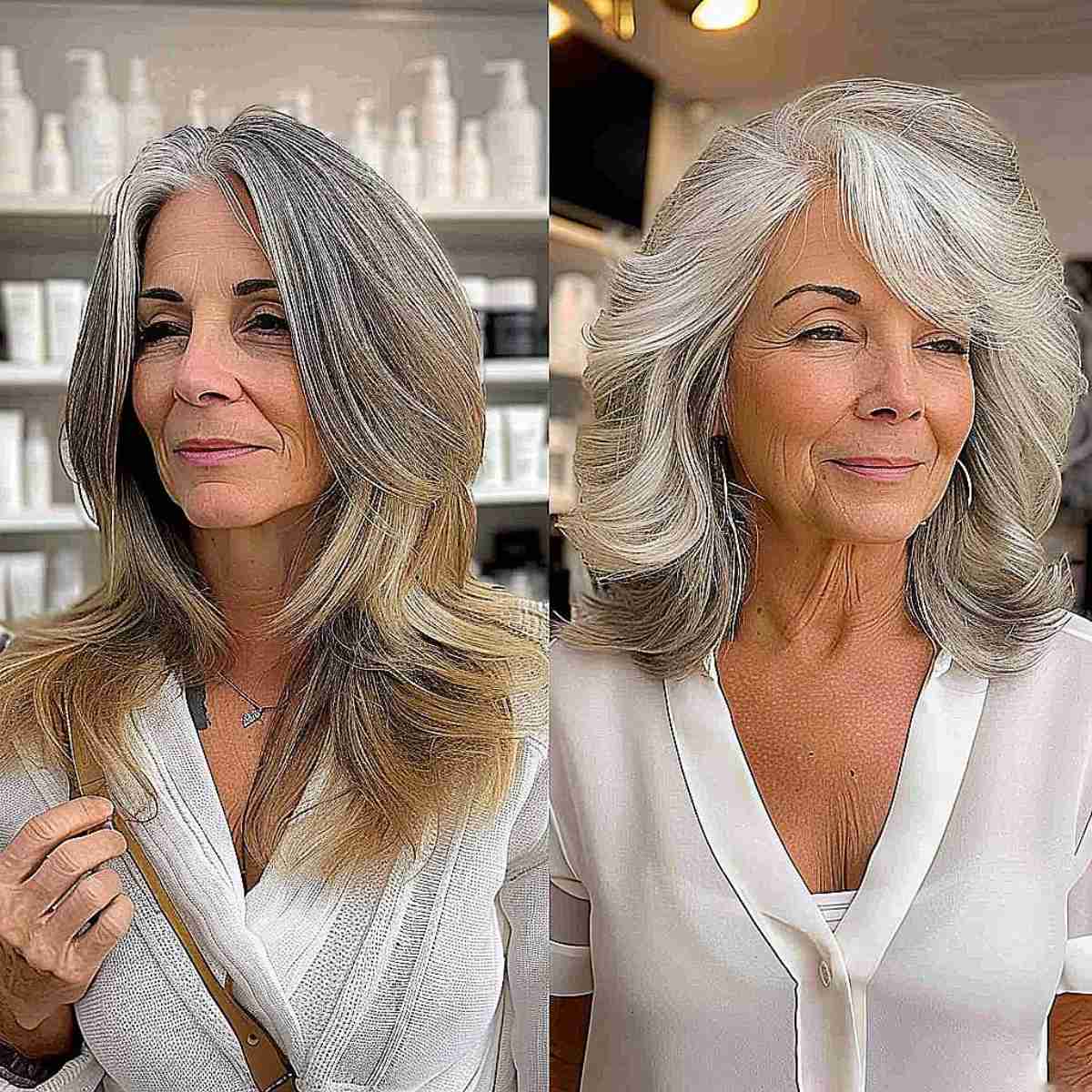 Elegant mid-length silver to blonde balayage with feathered layers for mature women