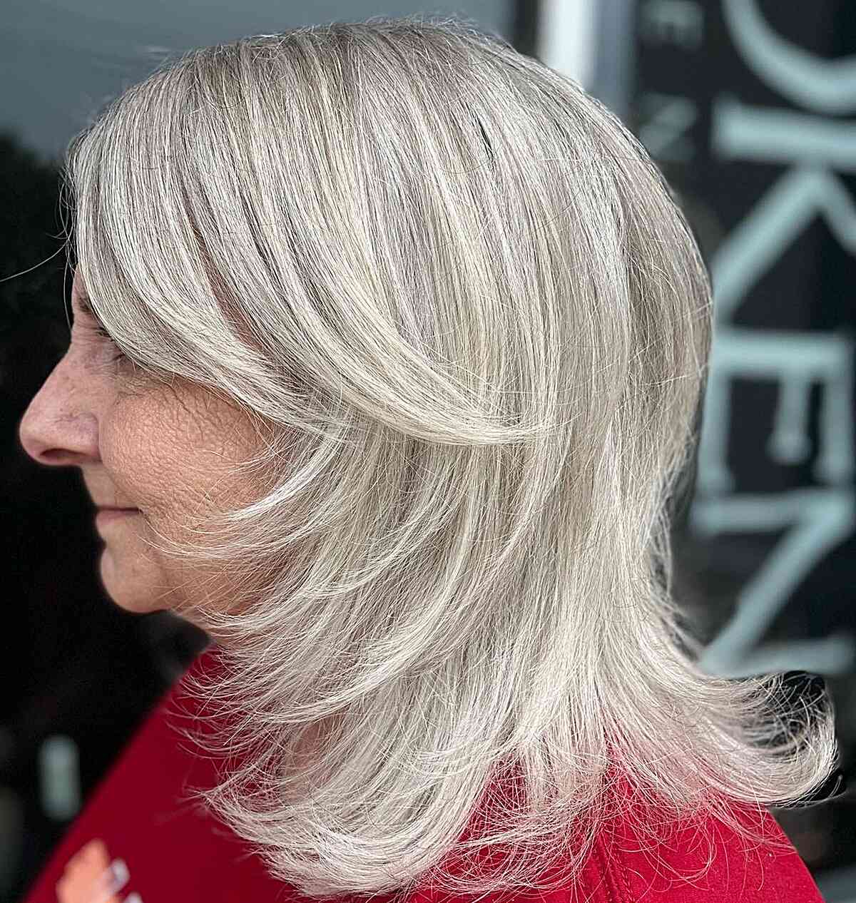 Silver Blonde Layered Medium-Short Hair on Older Ladies
