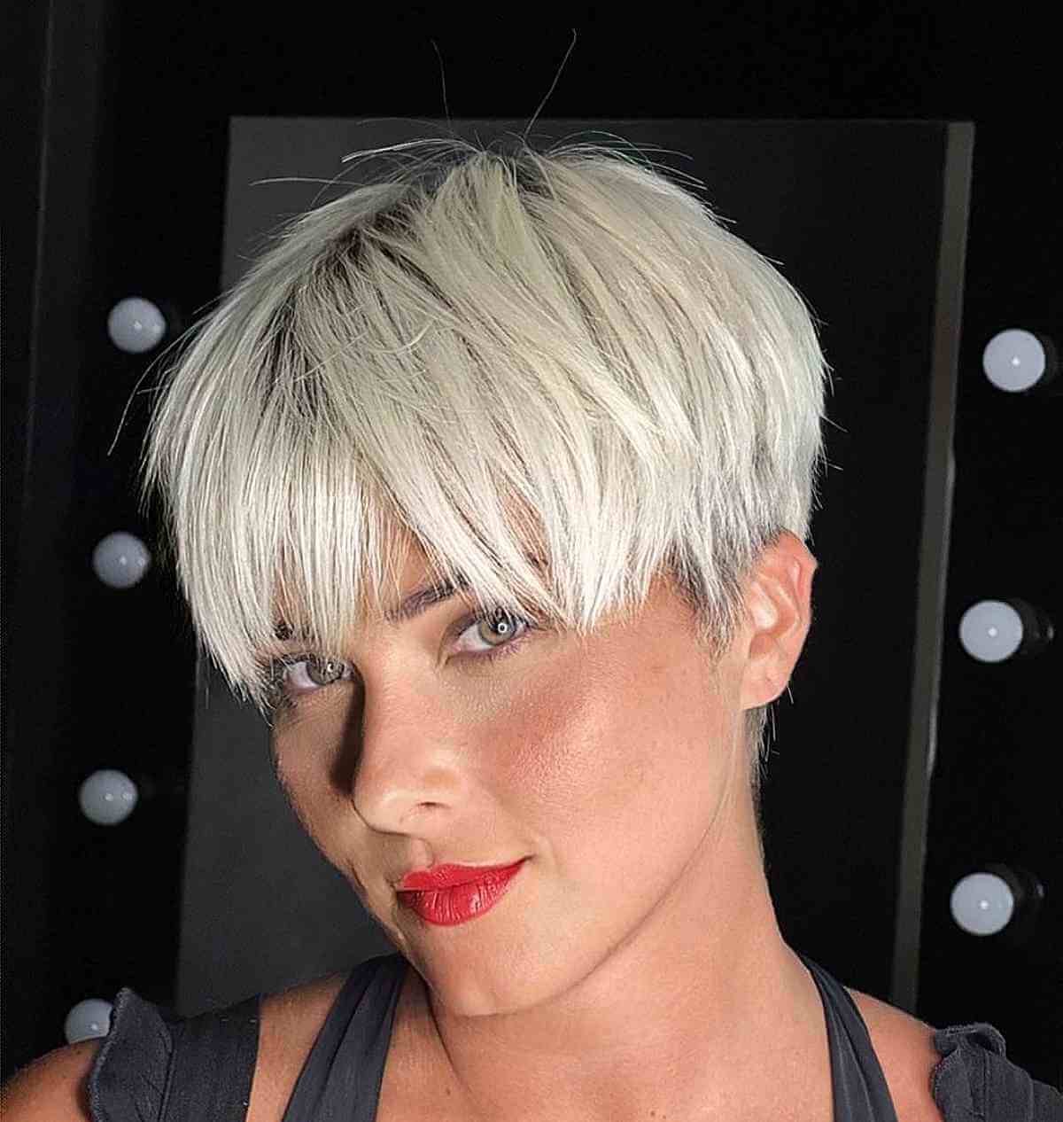 Silver-Blonde Long Pixie with Bangs