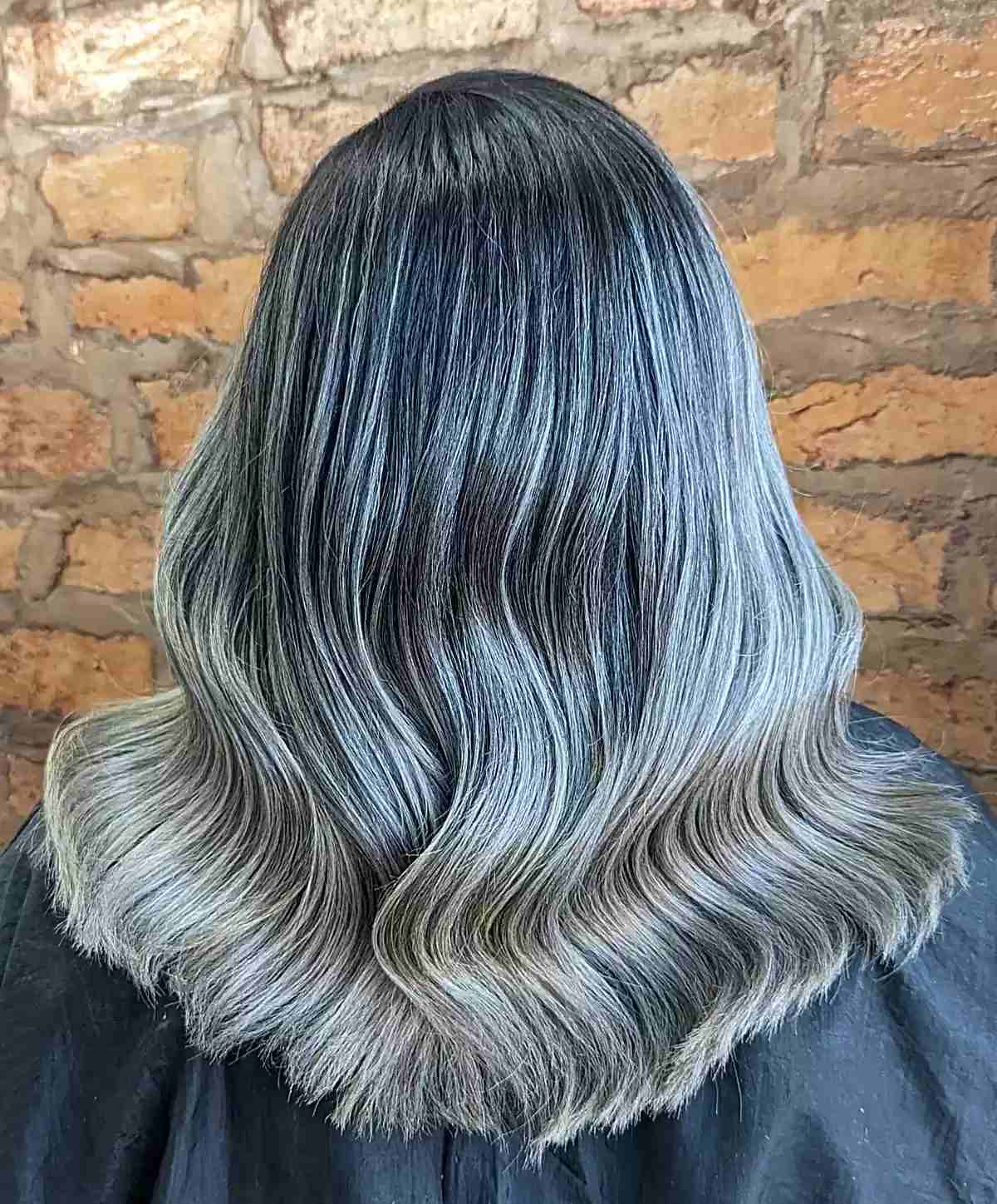 Silver Blonde Tips on Mid-Length Dark Wavy Hair Grey Balayage